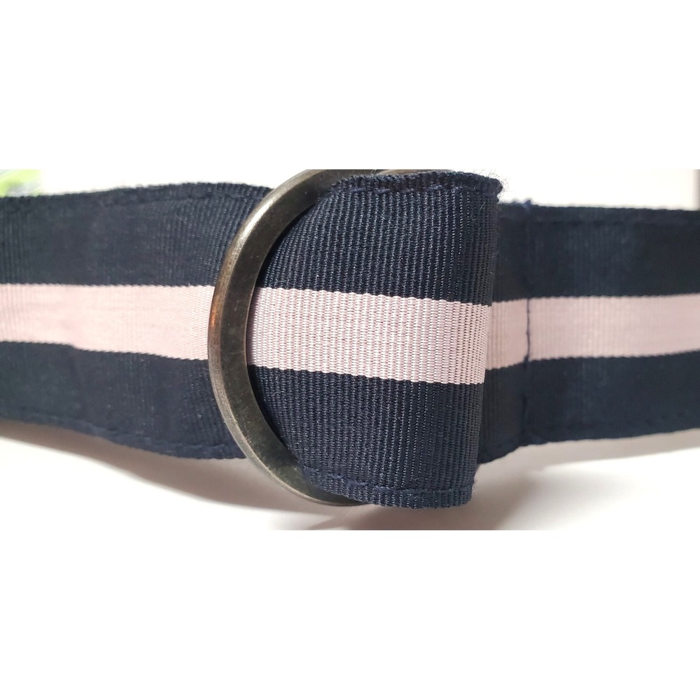 Fabric Tie Belt Stripe 36 Woven Navy/ Lt Pink Middle D Ring Aged Pewter Adjust - Picture 5 of 6